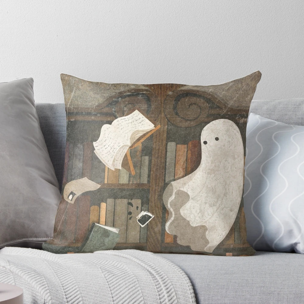 Haunted library pillow with ghost and books