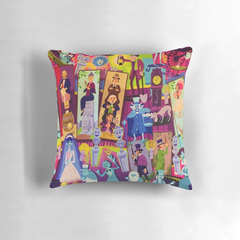 Retro collage design featuring the iconic Haunted Mansion from Disneyland on a plush pillow