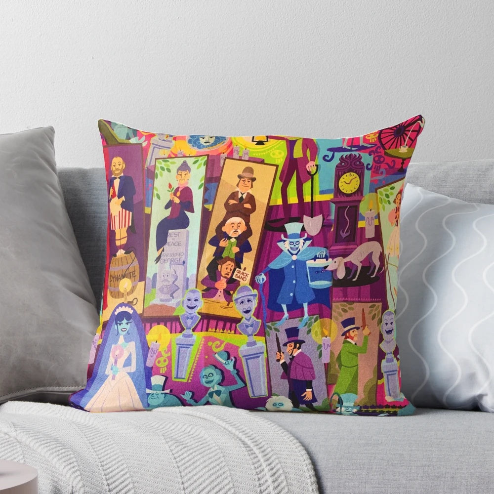 Retro collage design featuring the iconic Haunted Mansion from Disneyland on a plush pillow
