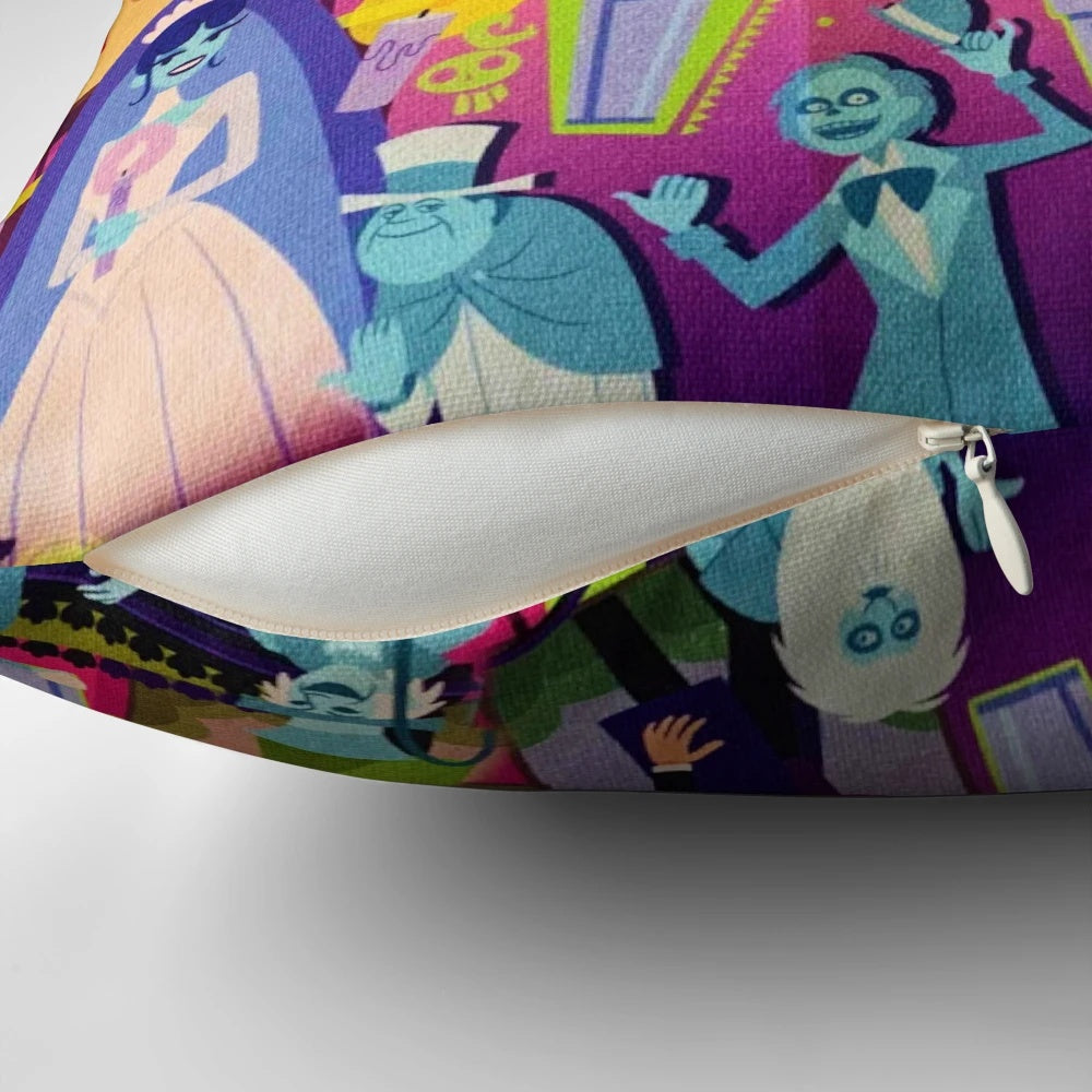 Retro collage design featuring the iconic Haunted Mansion from Disneyland on a plush pillow
