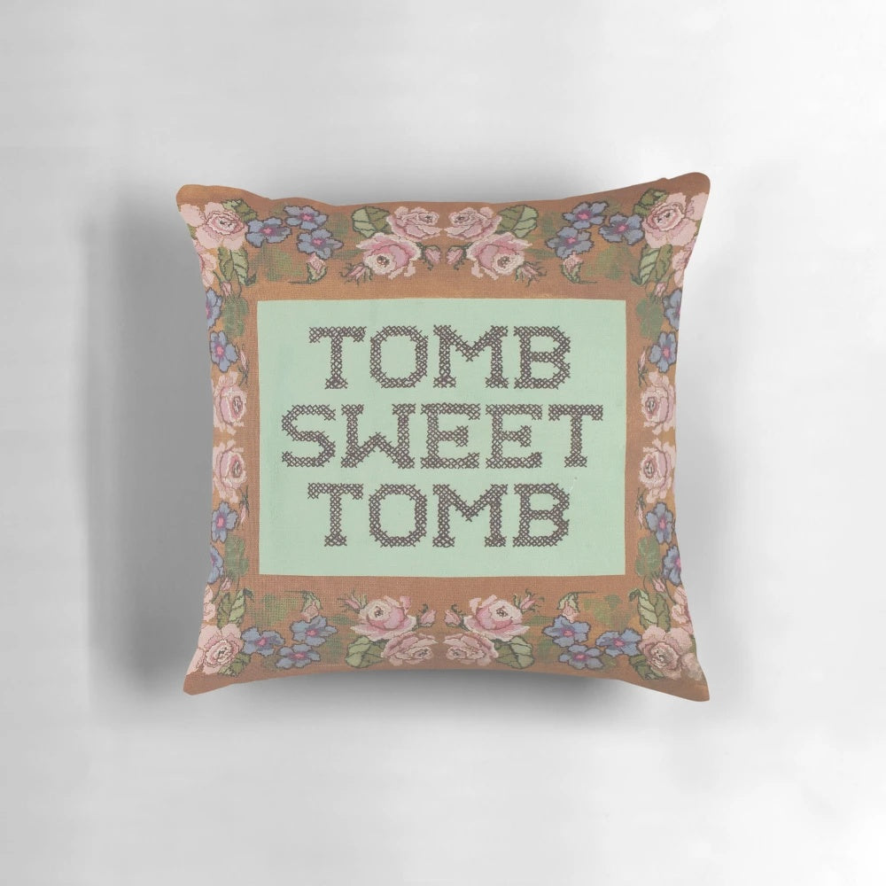 Haunted mansion themed decorative throw pillow with spooky and gothic design