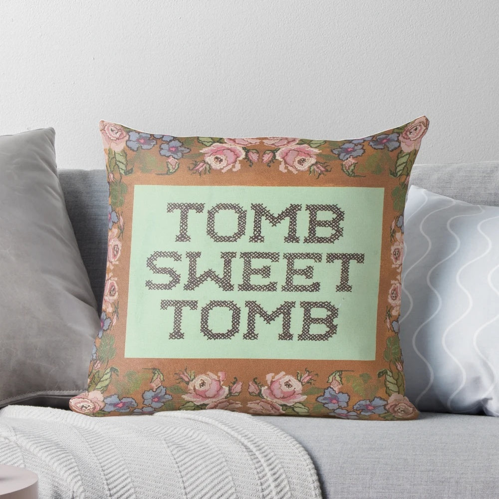 Haunted mansion themed decorative throw pillow with spooky and gothic design