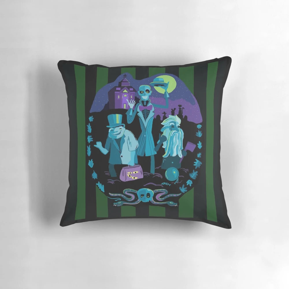 A soft, cozy pillow featuring a haunted mansion and hitchhiking ghost design, perfect for Disney fans and ghost enthusiasts.