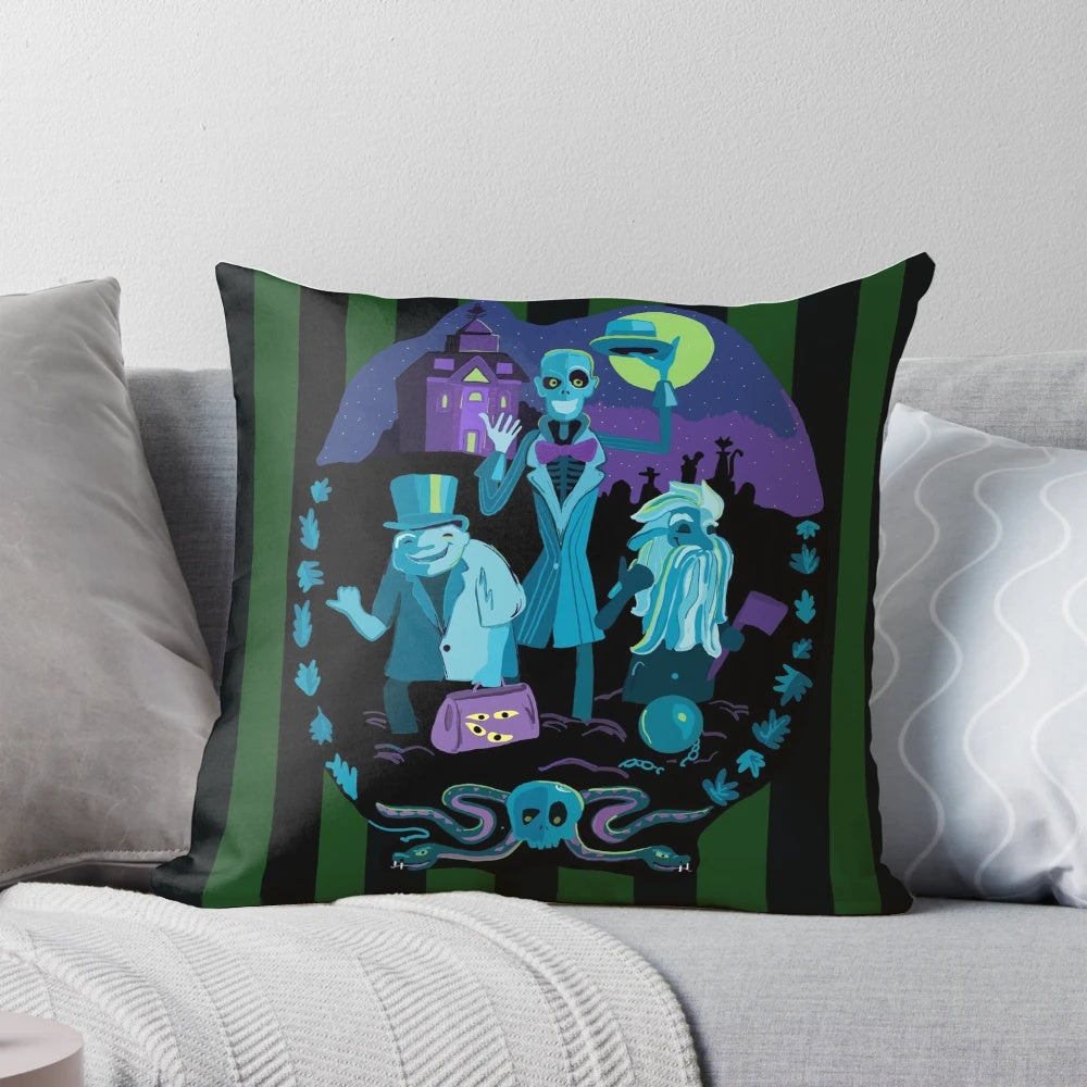 A soft, cozy pillow featuring a haunted mansion and hitchhiking ghost design, perfect for Disney fans and ghost enthusiasts.