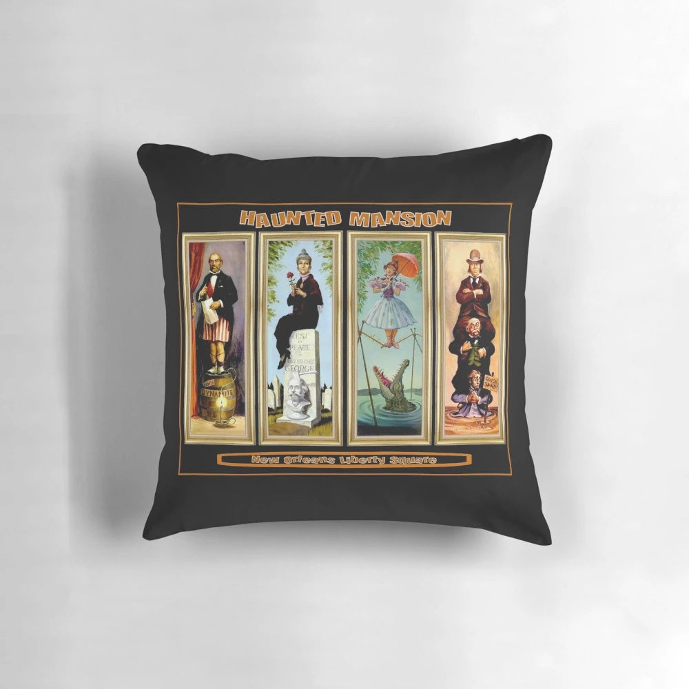 Haunted Mansion themed decorative throw pillow with vintage New Orleans and Liberty Square imagery