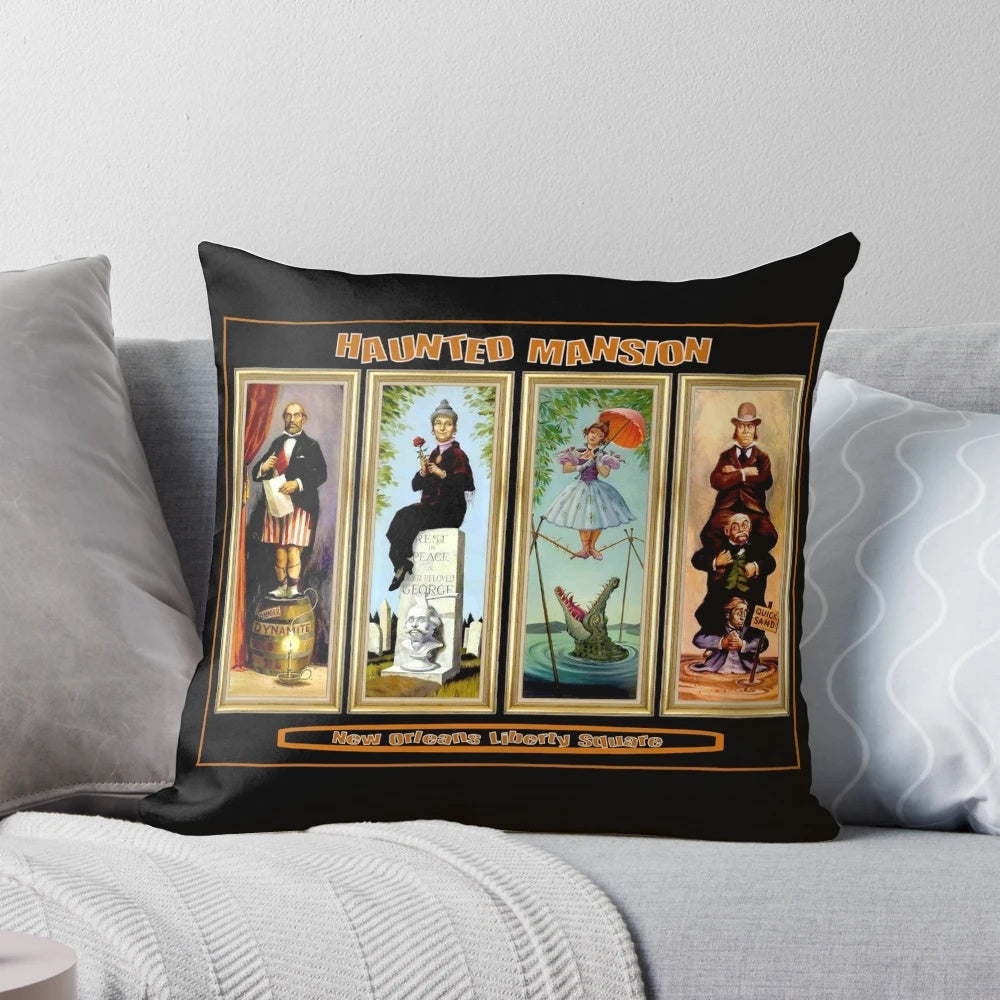 Haunted Mansion themed decorative throw pillow with vintage New Orleans and Liberty Square imagery