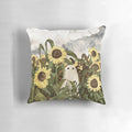 Vintage throw pillow with a ghostly figure in a sunflower field against a cloudy, heatwave sky
