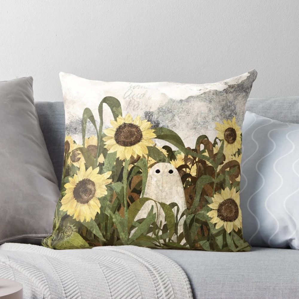 Vintage throw pillow with a ghostly figure in a sunflower field against a cloudy, heatwave sky