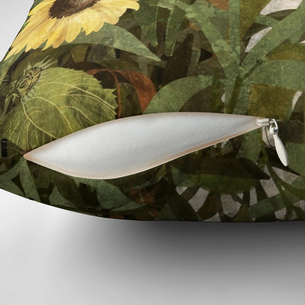 Vintage throw pillow with a ghostly figure in a sunflower field against a cloudy, heatwave sky
