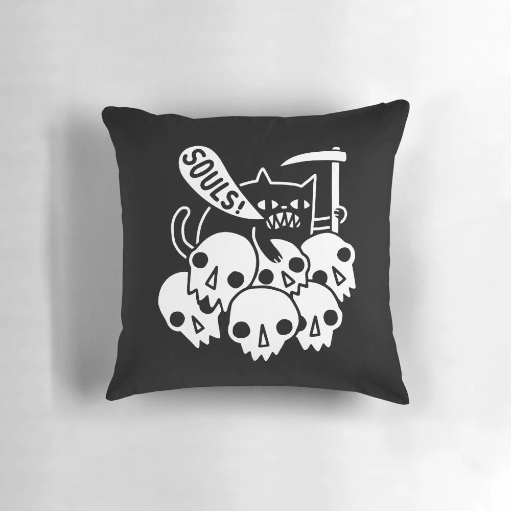 Visually striking pillow featuring a cat skull design against a dark background