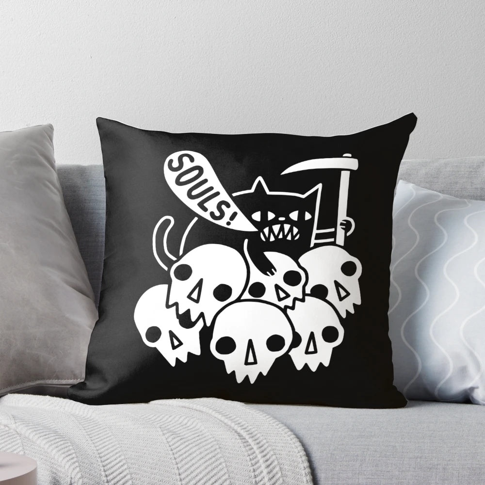 Visually striking pillow featuring a cat skull design against a dark background