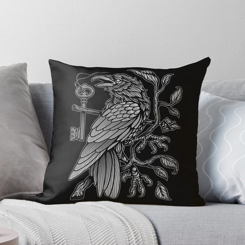 Mystic raven and crow death prophecy pillow for spooky goth home decor