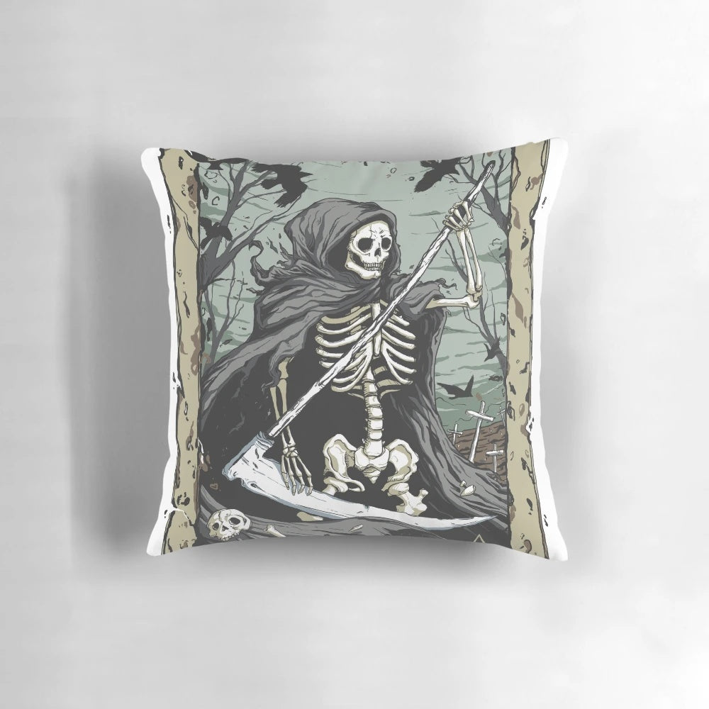 Spooky death tarot card skull graphic printed on a black throw pillow for a gothic, macabre home accent.
