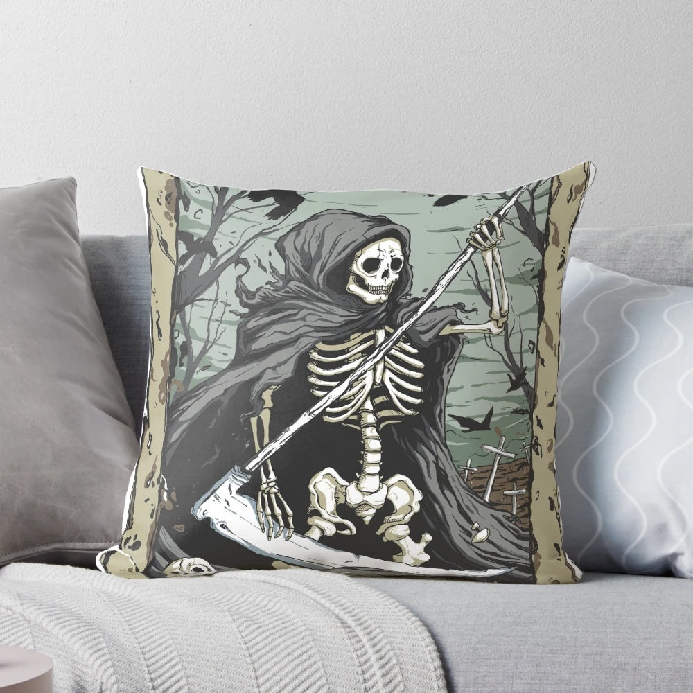Spooky death tarot card skull graphic printed on a black throw pillow for a gothic, macabre home accent.