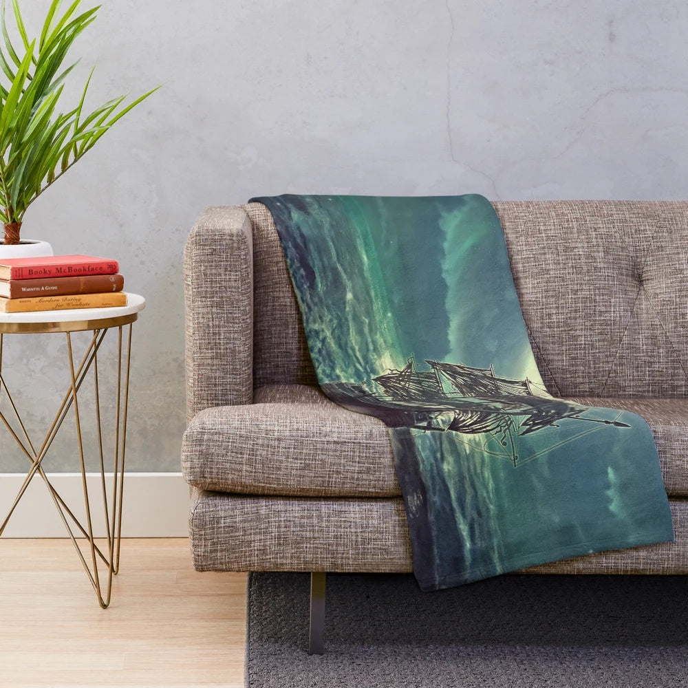 Ghost pirate ship sailing at night on a plush blanket