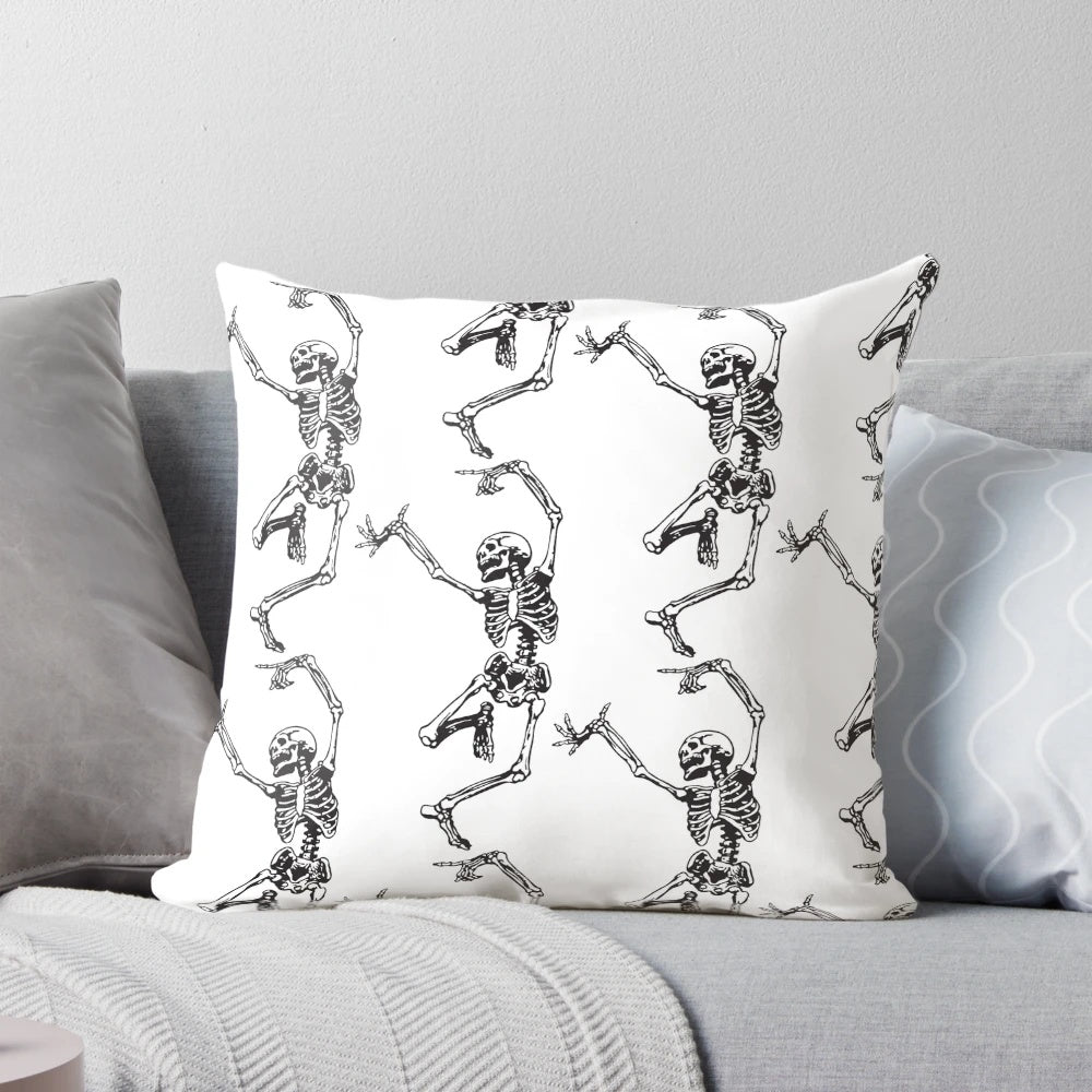 Spooky skeleton dancing in a vintage, bohemian-inspired design on a high-quality pillow