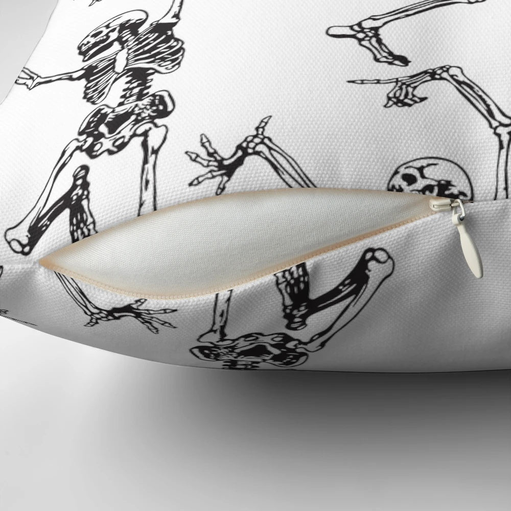 Spooky skeleton dancing in a vintage, bohemian-inspired design on a high-quality pillow