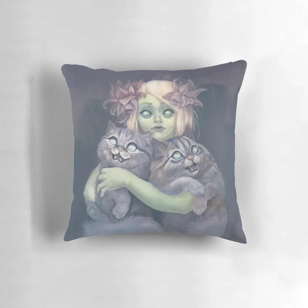 Haunted pillow featuring a spooky yet adorable cat design, perfect for horror and Gothic home decor.