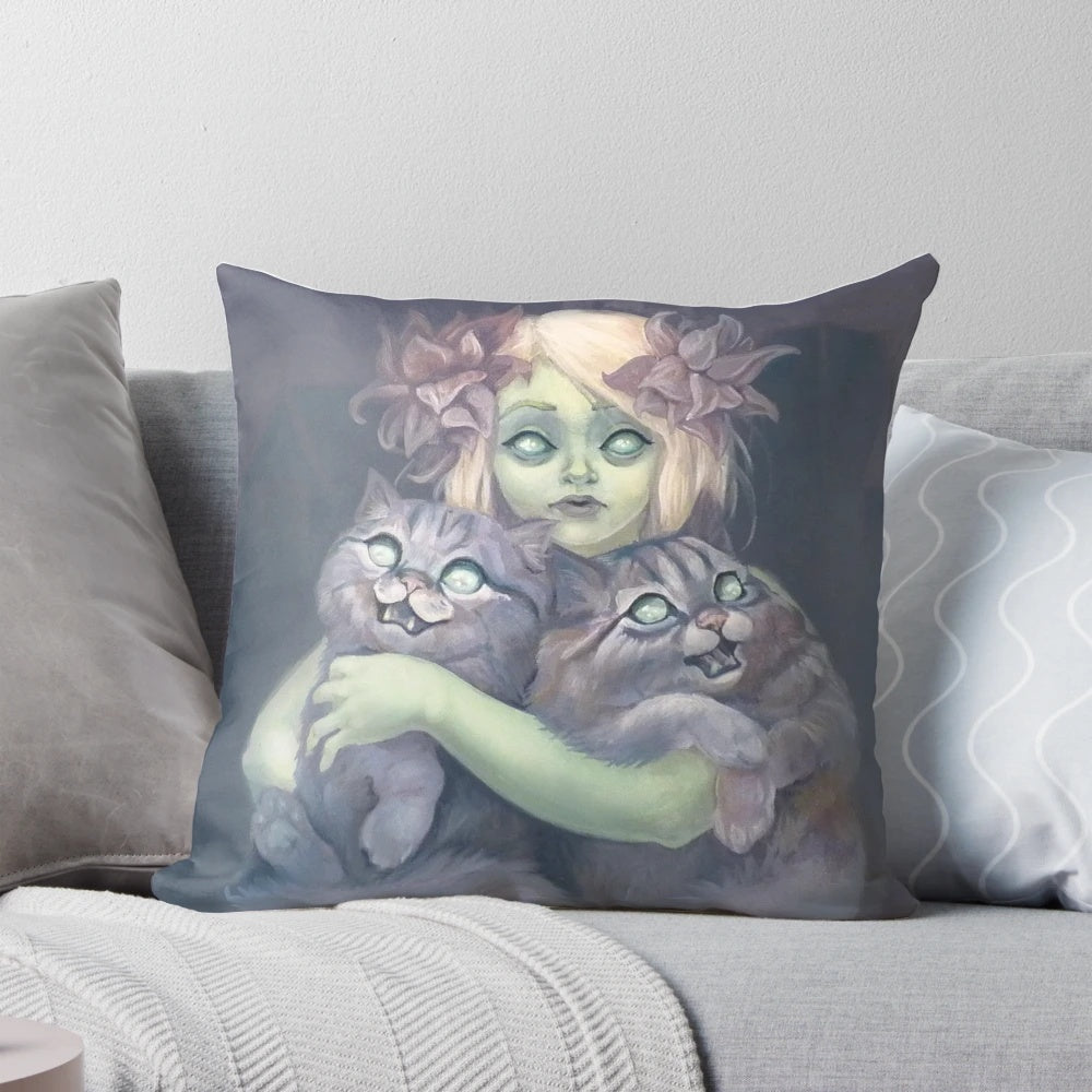 Haunted pillow featuring a spooky yet adorable cat design, perfect for horror and Gothic home decor.