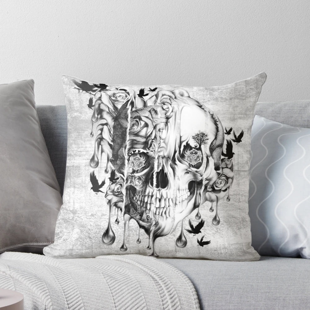 Melting skull pillow with gothic floral accents