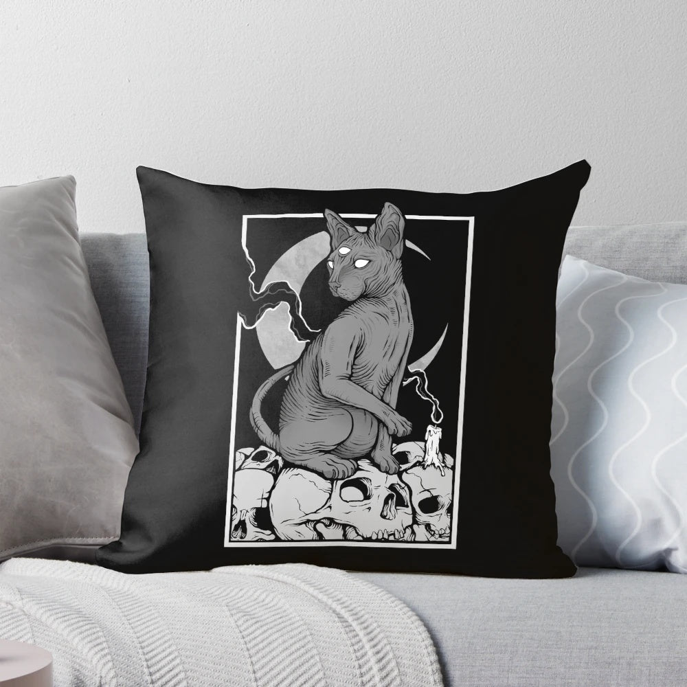 A Spooky Occult Cat Pillow with a Skull and Candle Design