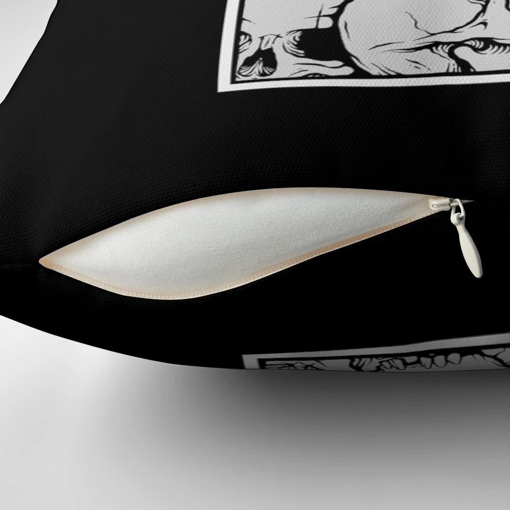A Spooky Occult Cat Pillow with a Skull and Candle Design