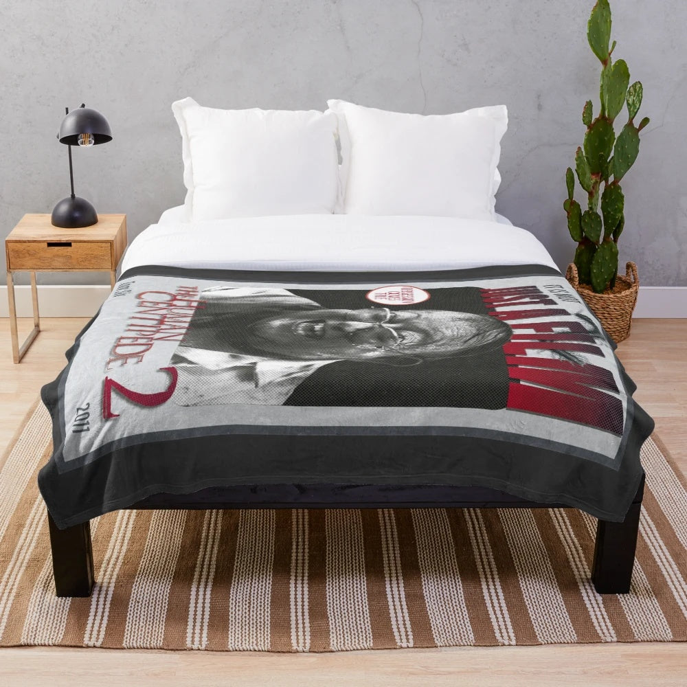 Plush blanket with dark, grungy "Human Centipede" fan art design