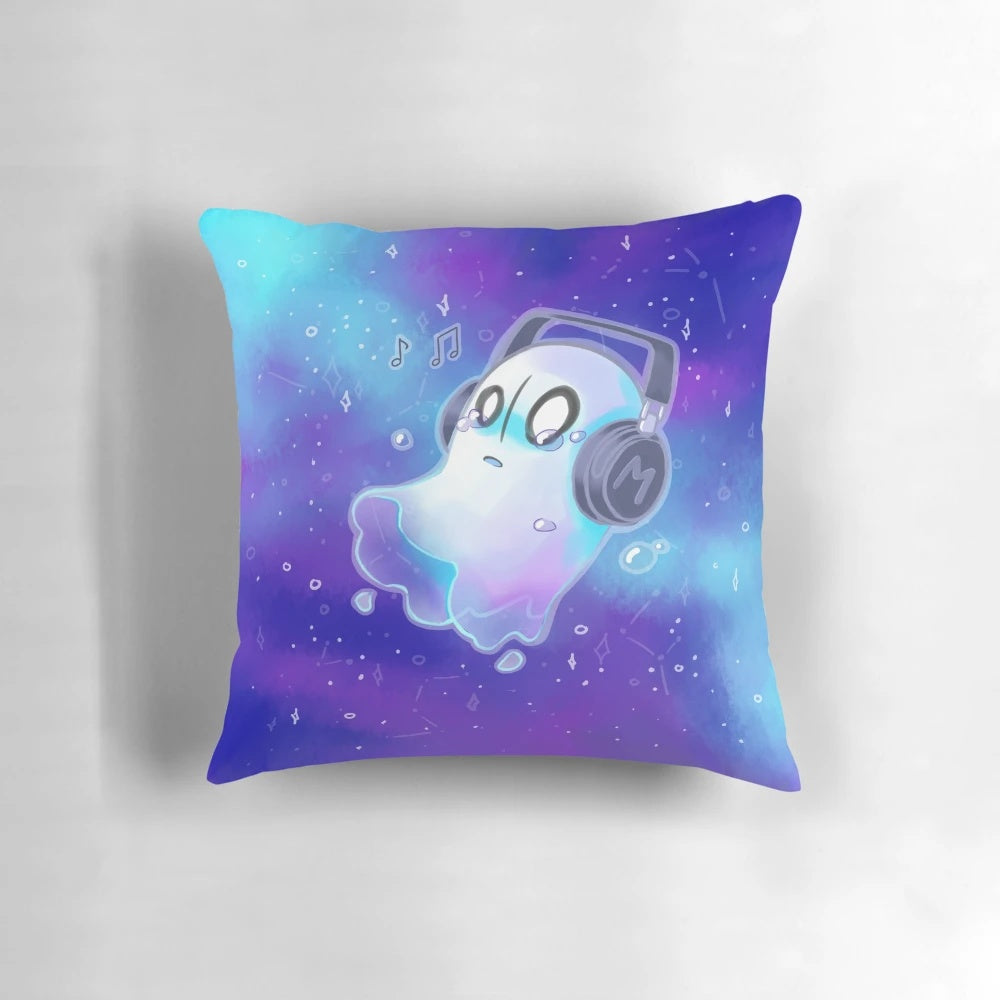A soft, blue pillow featuring the character Napstablook from the indie game Undertale
