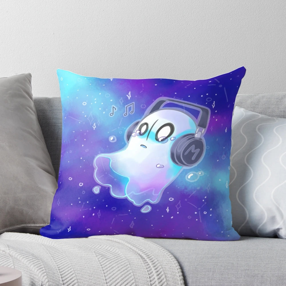 A soft, blue pillow featuring the character Napstablook from the indie game Undertale