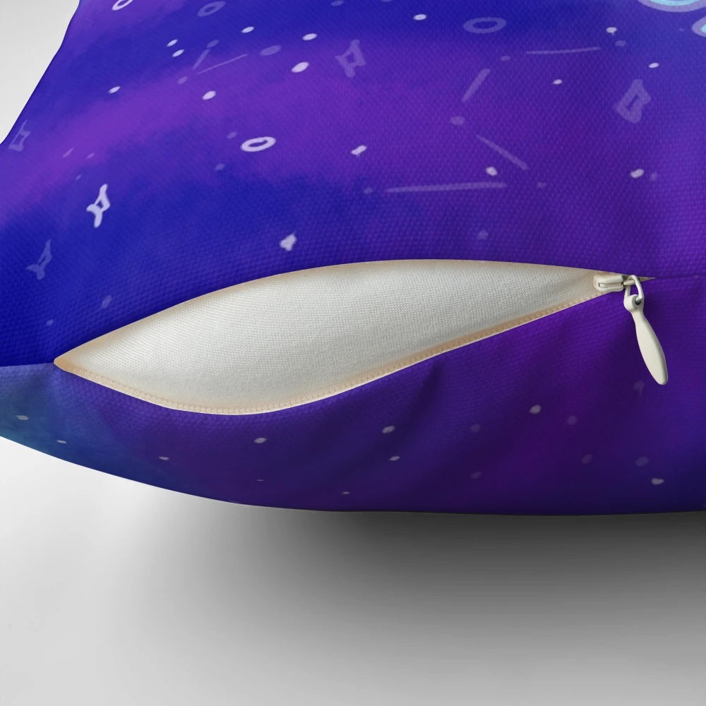 A soft, blue pillow featuring the character Napstablook from the indie game Undertale