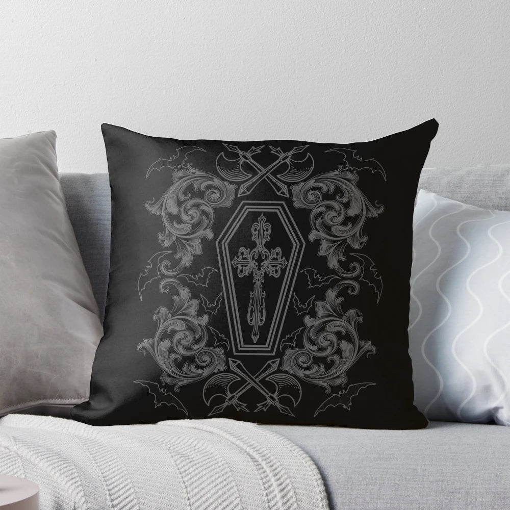 Vampire-themed decorative pillow with dark damask pattern and gothic cross design.