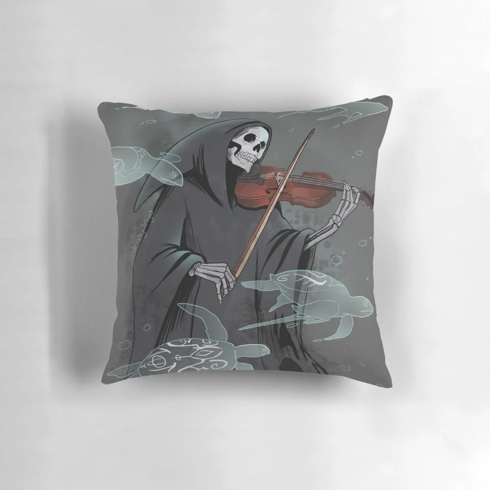 Dark symphony pillow with grim reaper and violin design