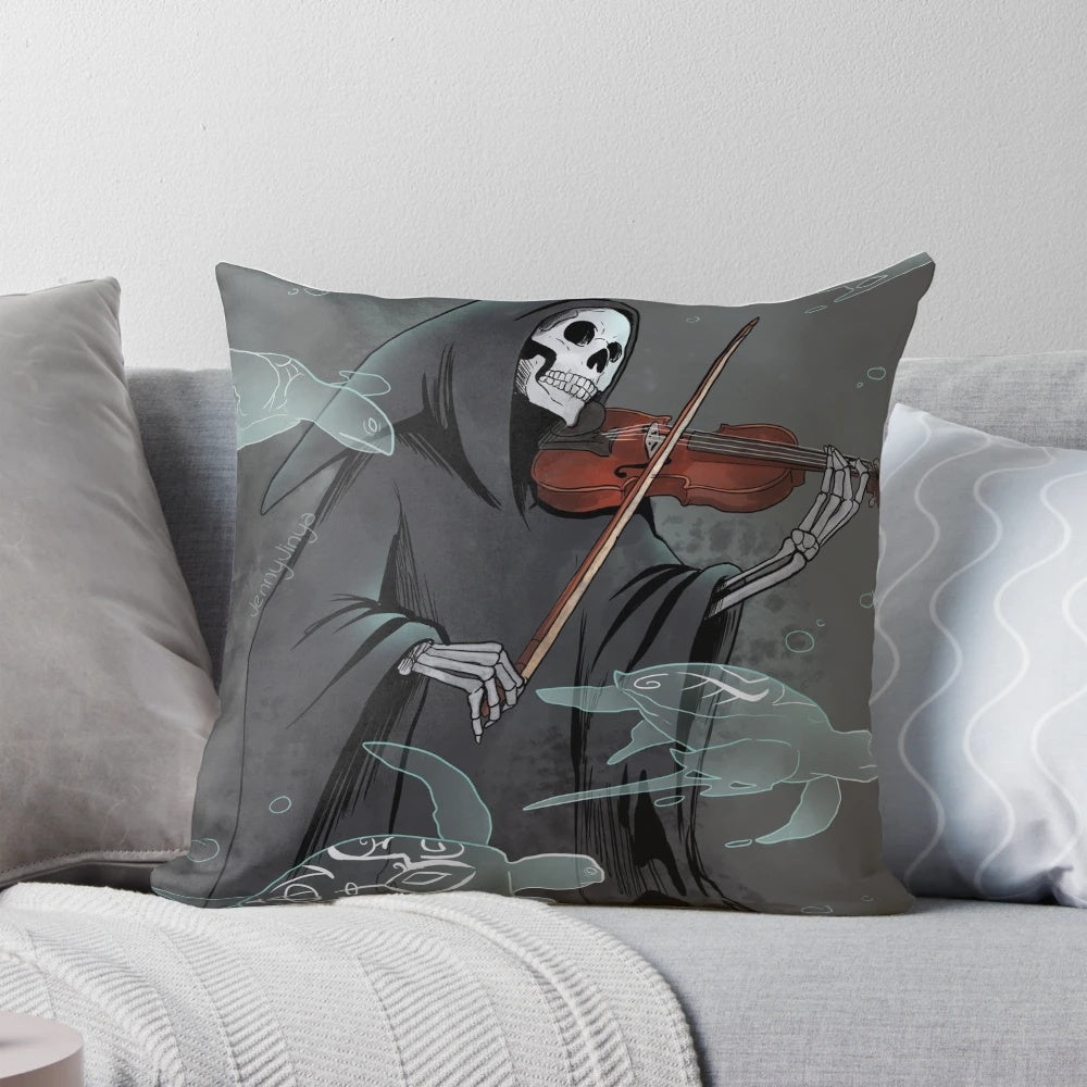 Dark symphony pillow with grim reaper and violin design