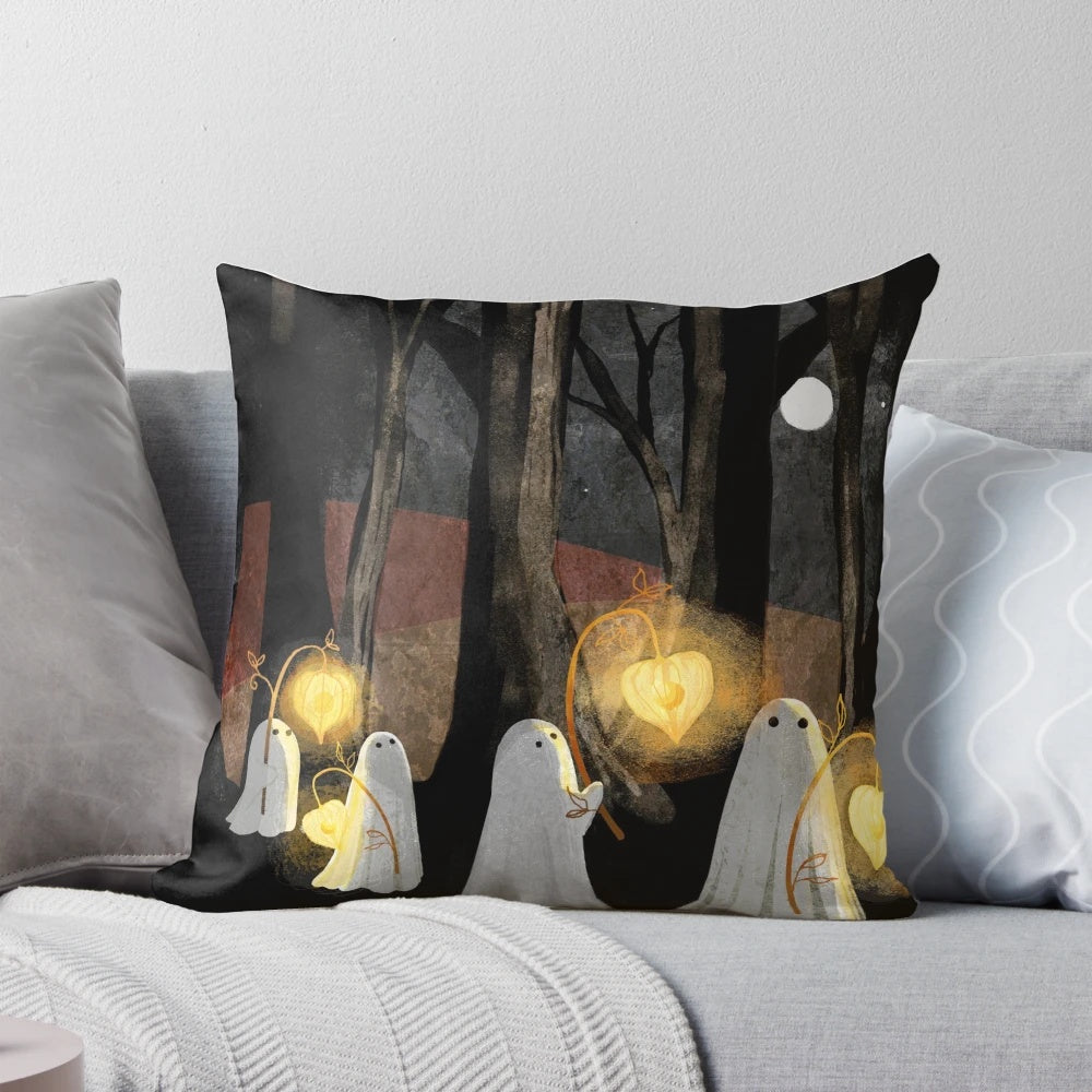 A glowing ghost parade pillow in a spooky forest landscape, perfect for adding a touch of Halloween ambiance.