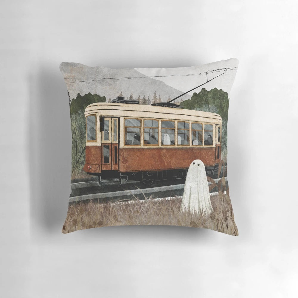 Ghostly tram in an autumn landscape, perfect for a spooky, supernatural-themed pillow