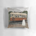 Ghostly tram in an autumn landscape, perfect for a spooky, supernatural-themed pillow