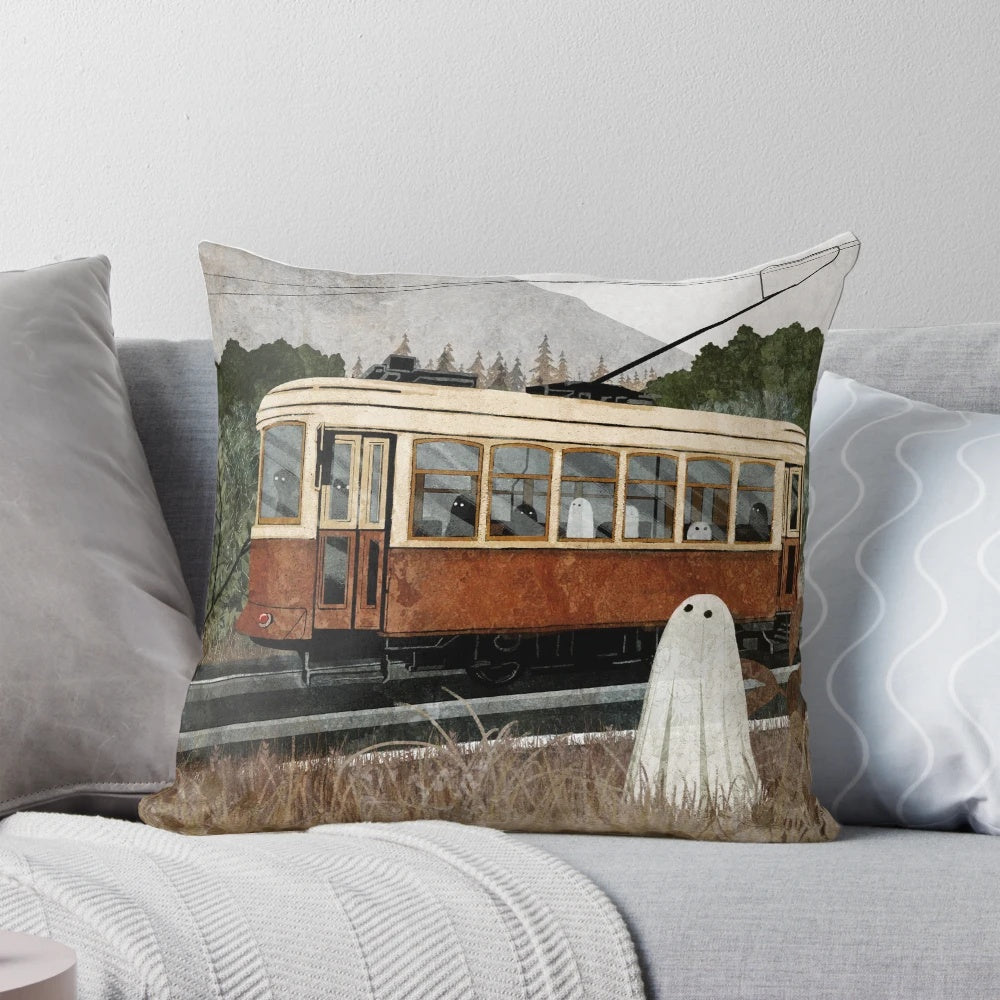 Ghostly tram in an autumn landscape, perfect for a spooky, supernatural-themed pillow