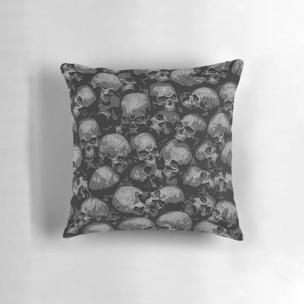 A dark and moody gothic pillow featuring a striking skull pattern, ideal for cozy, spooky home decor.