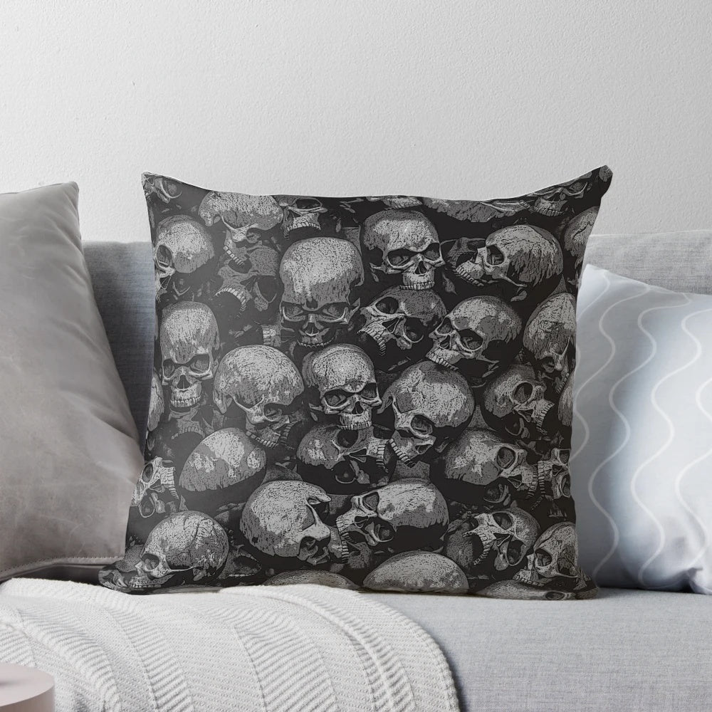 A dark and moody gothic pillow featuring a striking skull pattern, ideal for cozy, spooky home decor.