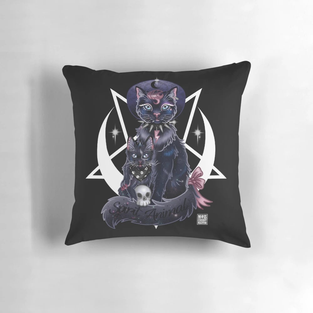 A black cat-themed "spirit animal" pillow with a gothic, mystical design.