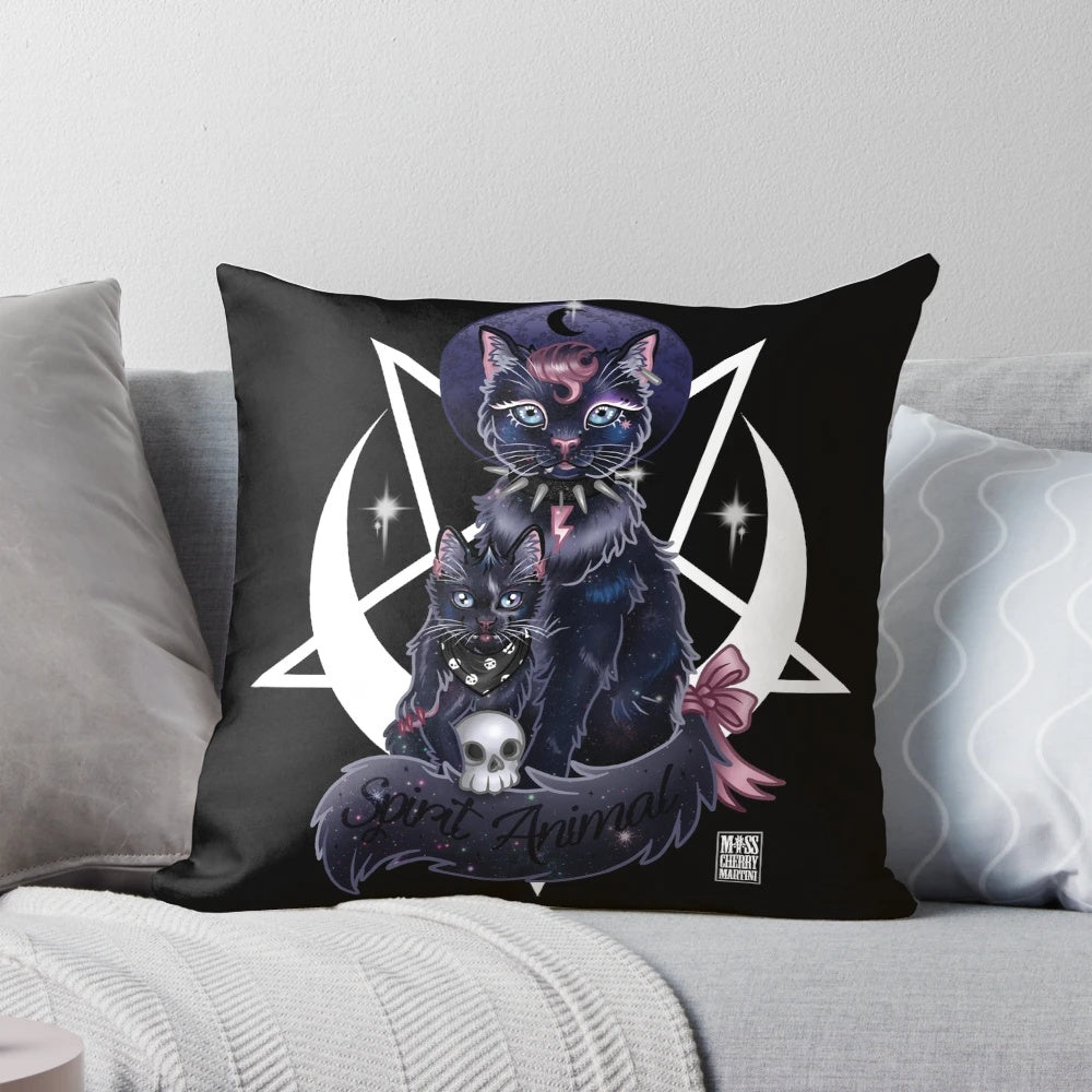 A black cat-themed "spirit animal" pillow with a gothic, mystical design.