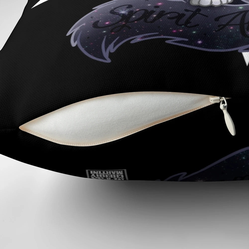 A black cat-themed "spirit animal" pillow with a gothic, mystical design.