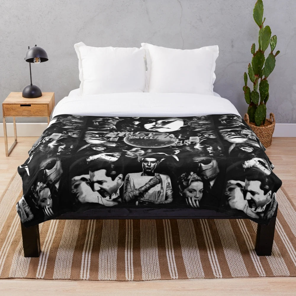 Vintage-inspired horror plush blanket featuring classic monster illustrations