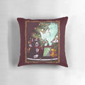 A decorative holiday pillow featuring a whimsical illustration of a ghostly cat amidst Christmas decorations.