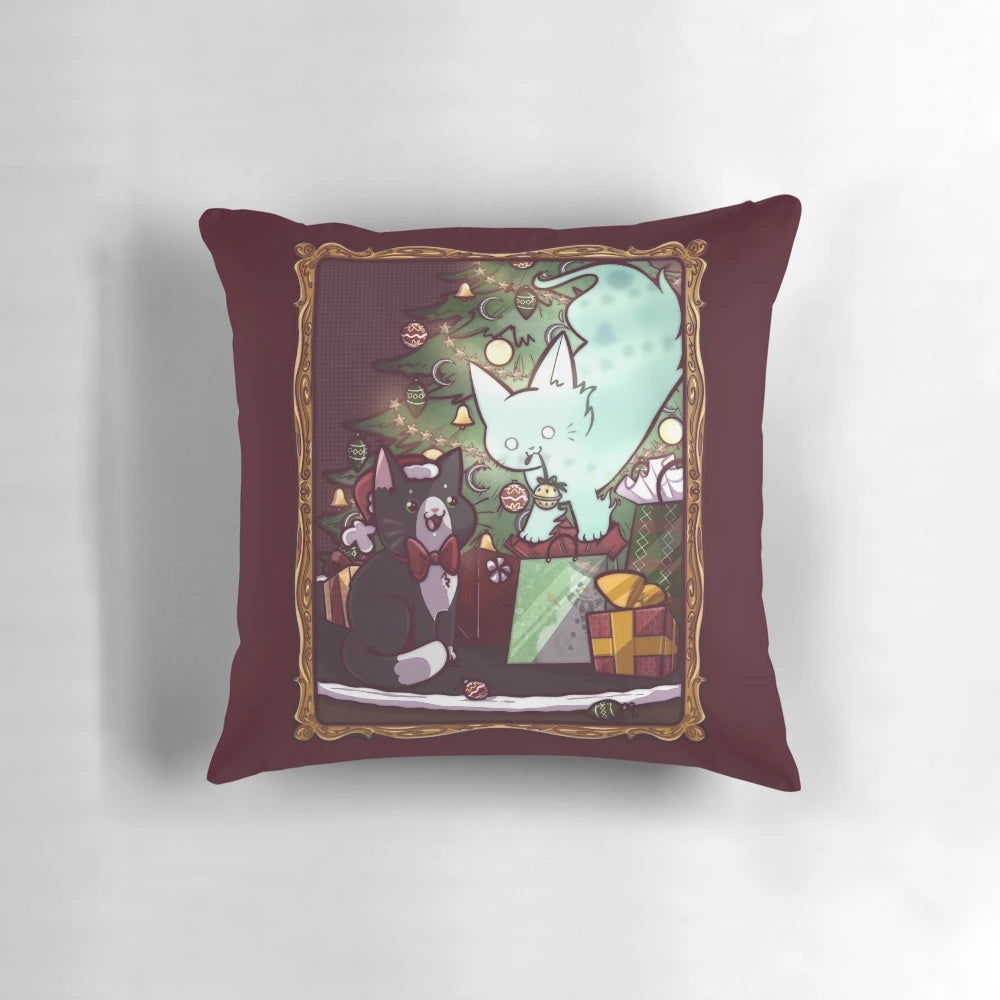 A decorative holiday pillow featuring a whimsical illustration of a ghostly cat amidst Christmas decorations.