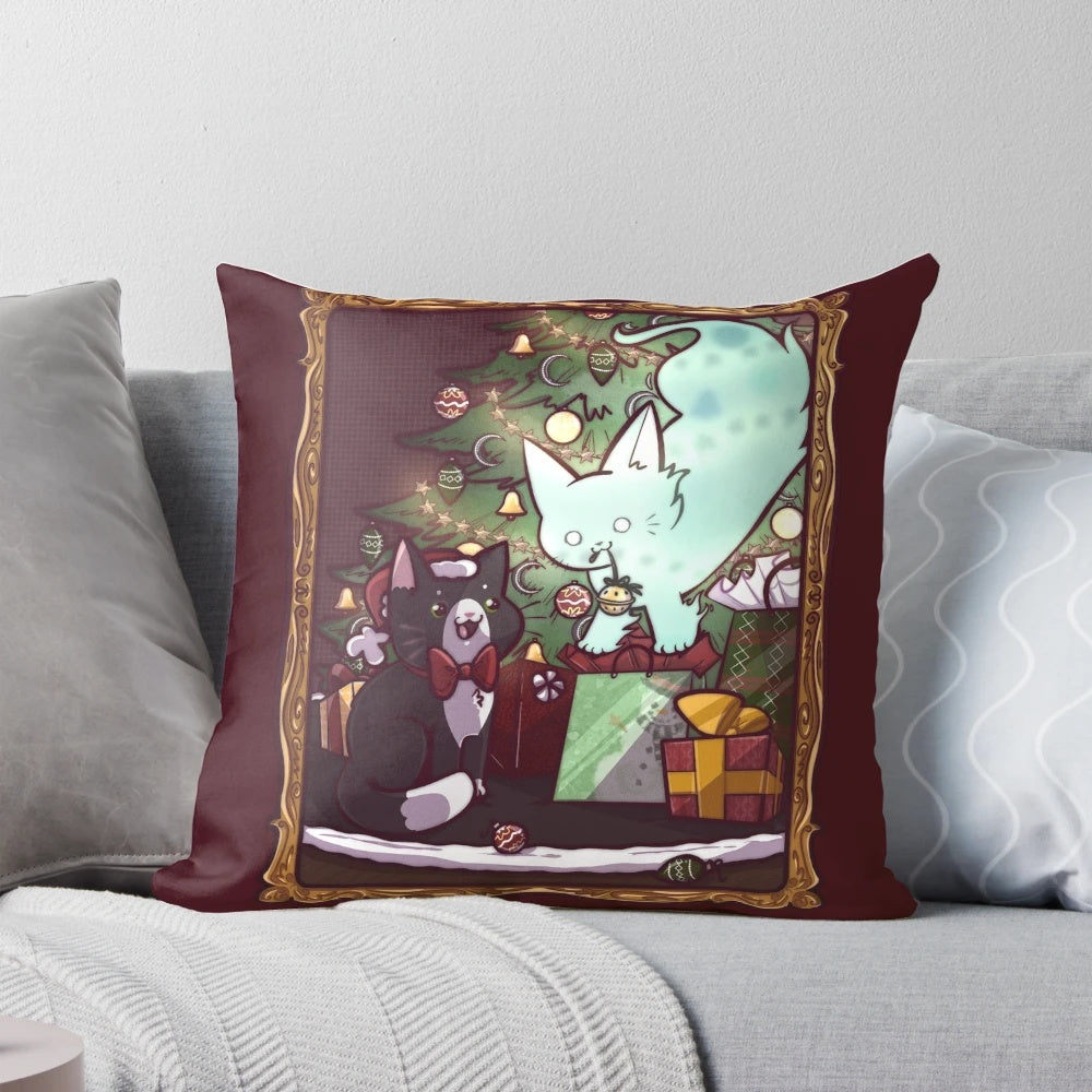 A decorative holiday pillow featuring a whimsical illustration of a ghostly cat amidst Christmas decorations.