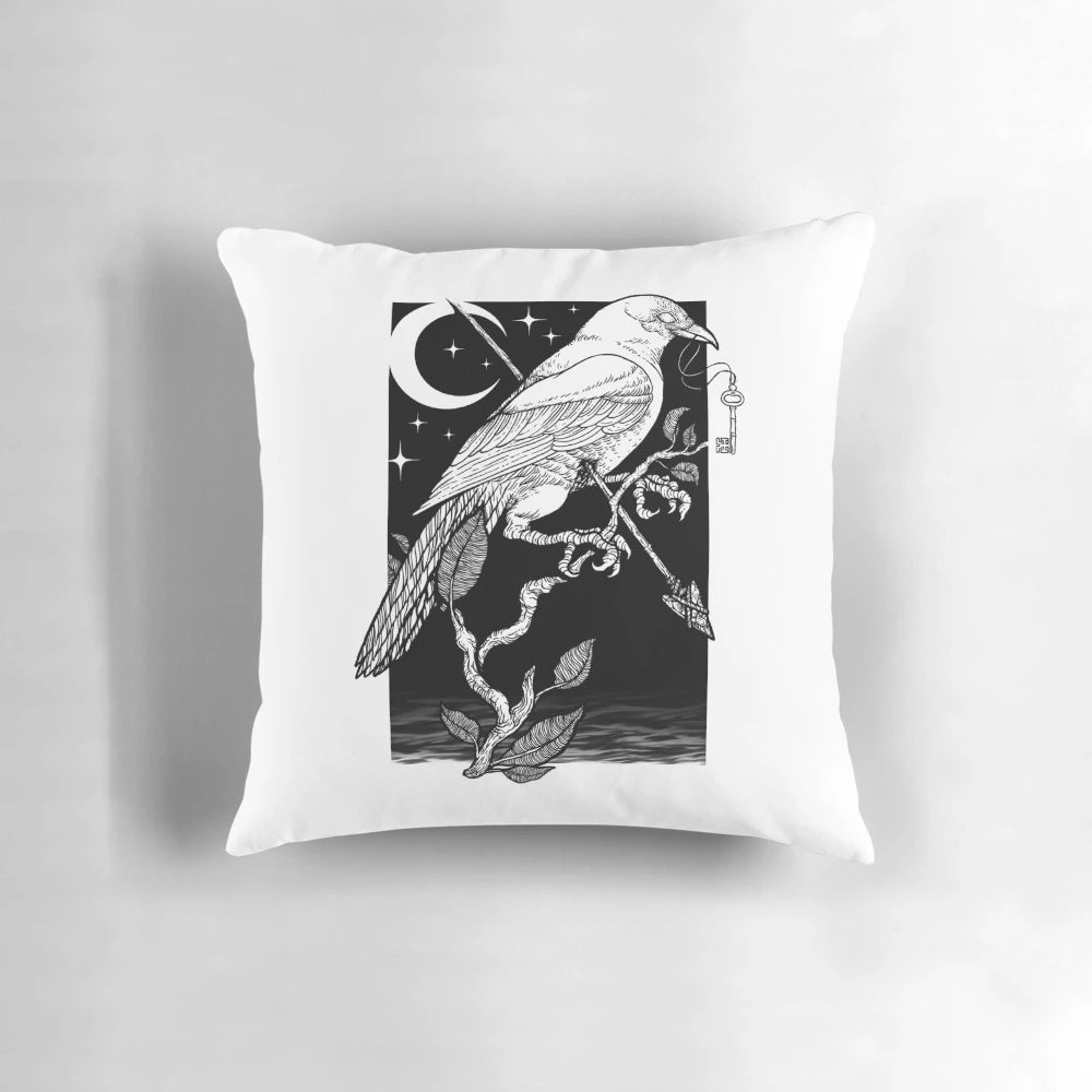 A striking black and white night crow design printed on a soft, high-quality pillow for a gothic, occult-inspired look.