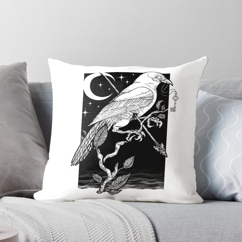 A striking black and white night crow design printed on a soft, high-quality pillow for a gothic, occult-inspired look.
