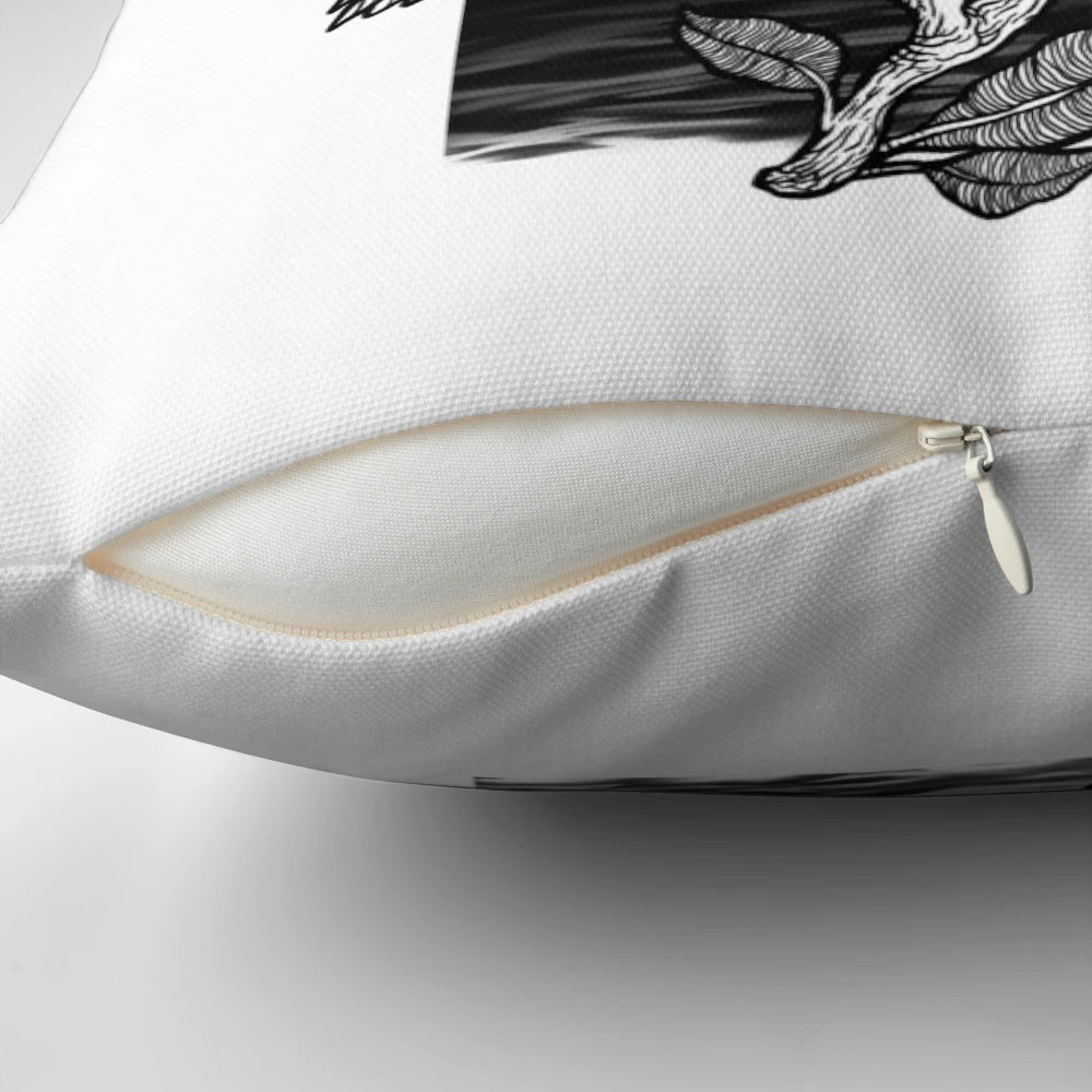 A striking black and white night crow design printed on a soft, high-quality pillow for a gothic, occult-inspired look.