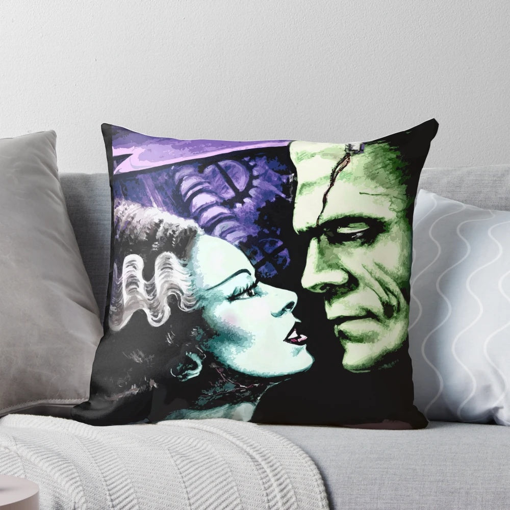 Bride of Frankenstein inspired pillow with classic movie monster design